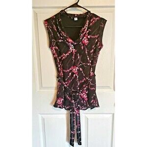 Dressbarn Flowy Black Floral Print Belted Tunic Sheer Cowl Evening Top Size S